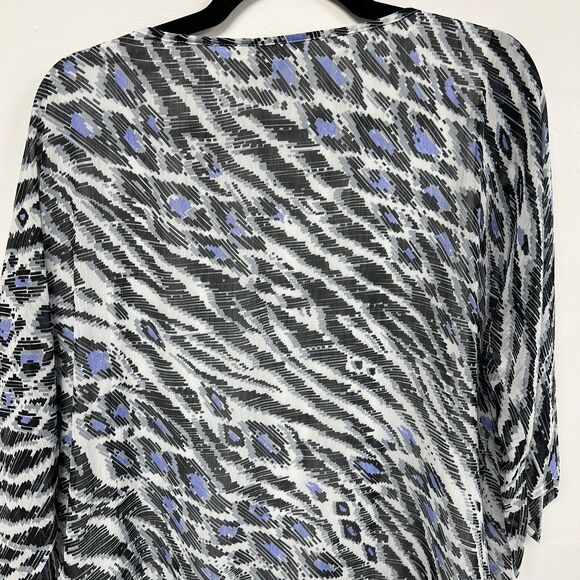 Bob Mackie Wearable Art Blouse M Blue Black Abstract Animal Print Sheer Tie Boho - Picture 5 of 13